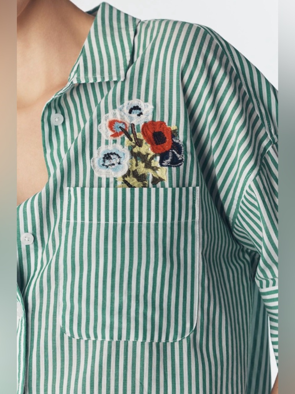 NWT Anthropologie Maeve Mabel Boxy Oxford Green Stripe Embroidered Button SZ XS - Picture 2 of 12